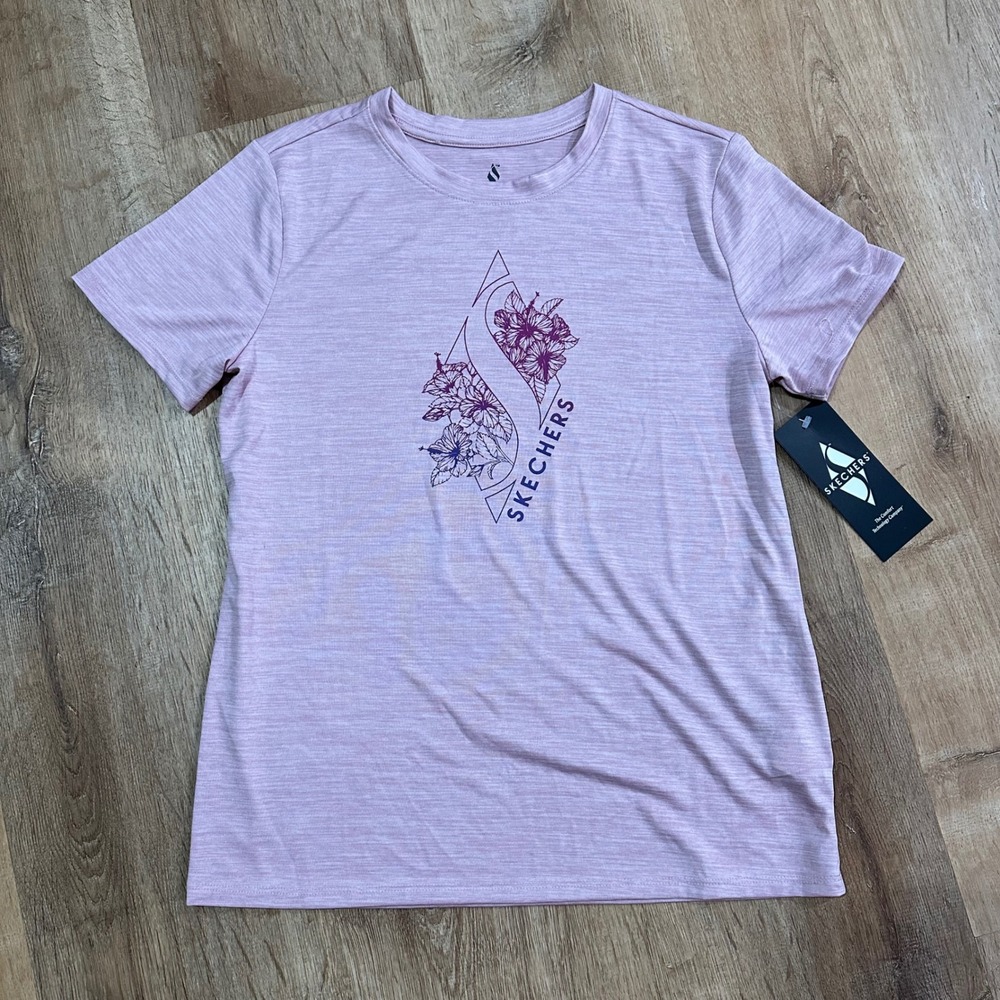 SKECHERS | NWT GO-DRI Heathered Lavender Purple Floral Graphic T-Shrt, Size M‎